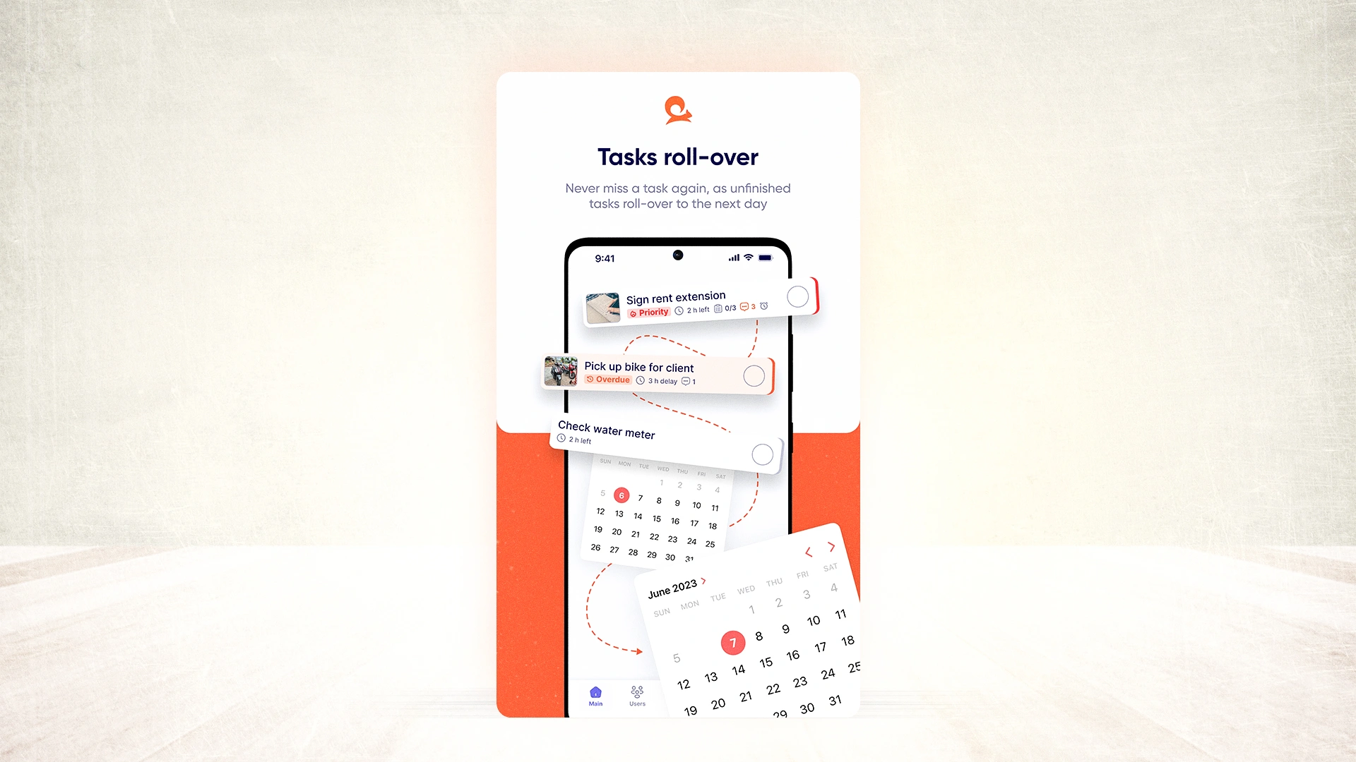 Roll-over your tasks in Tasa. Unfinished tasks roll-over to the next day