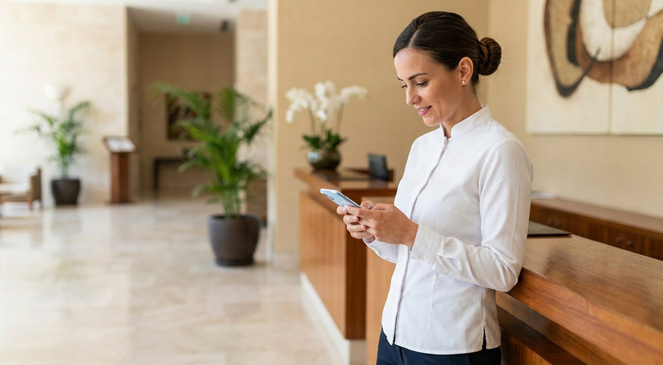 hospitality staff member checking her next schedule with the Tasa app
