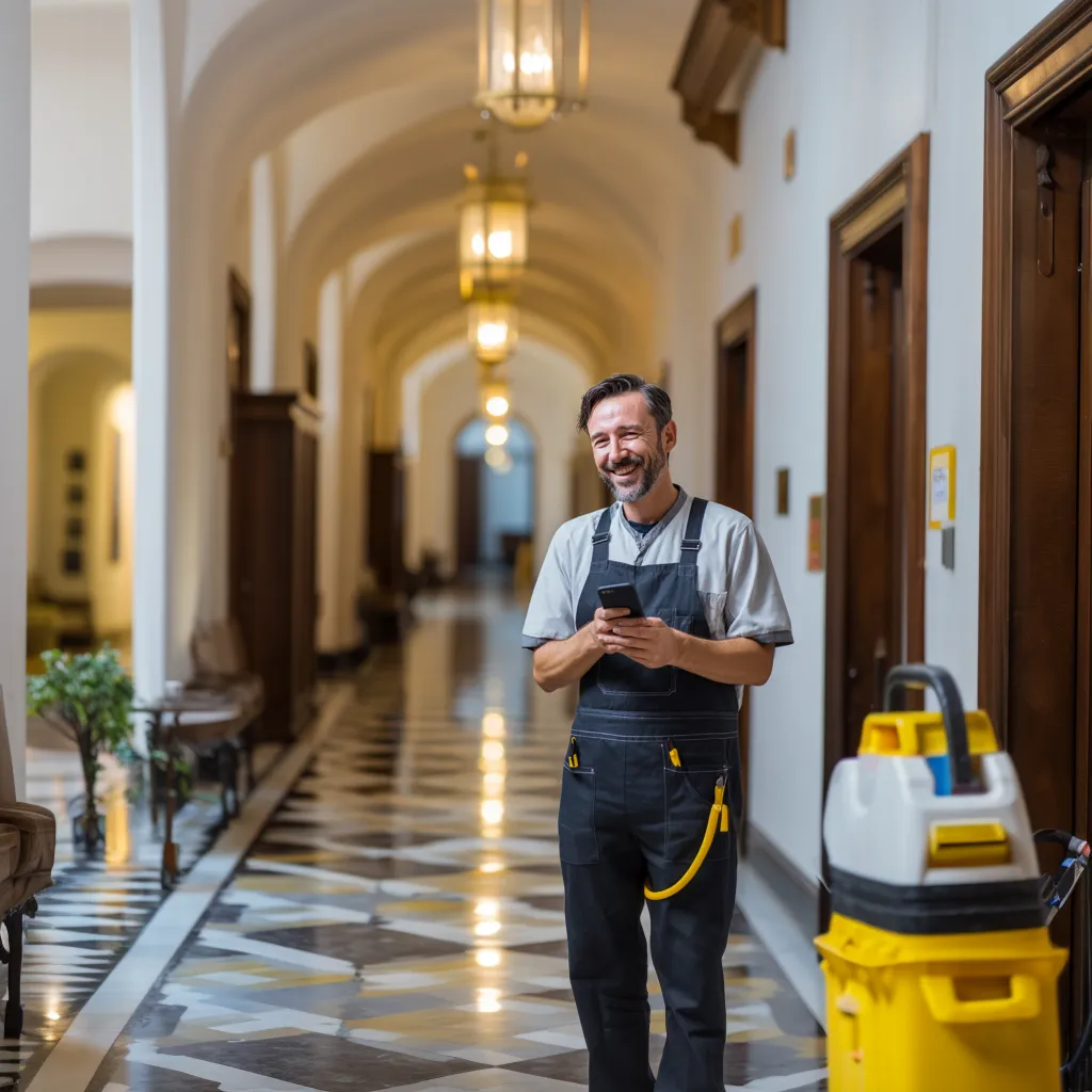 Cleaner following a picture-based checklist for a client site