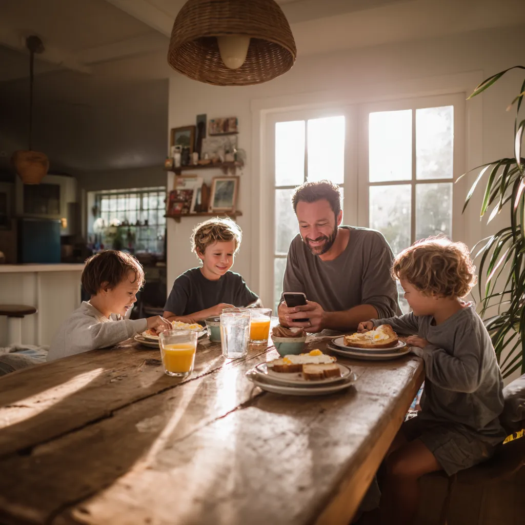 Dad and kids having breakfast while viewing a family chore tracker app