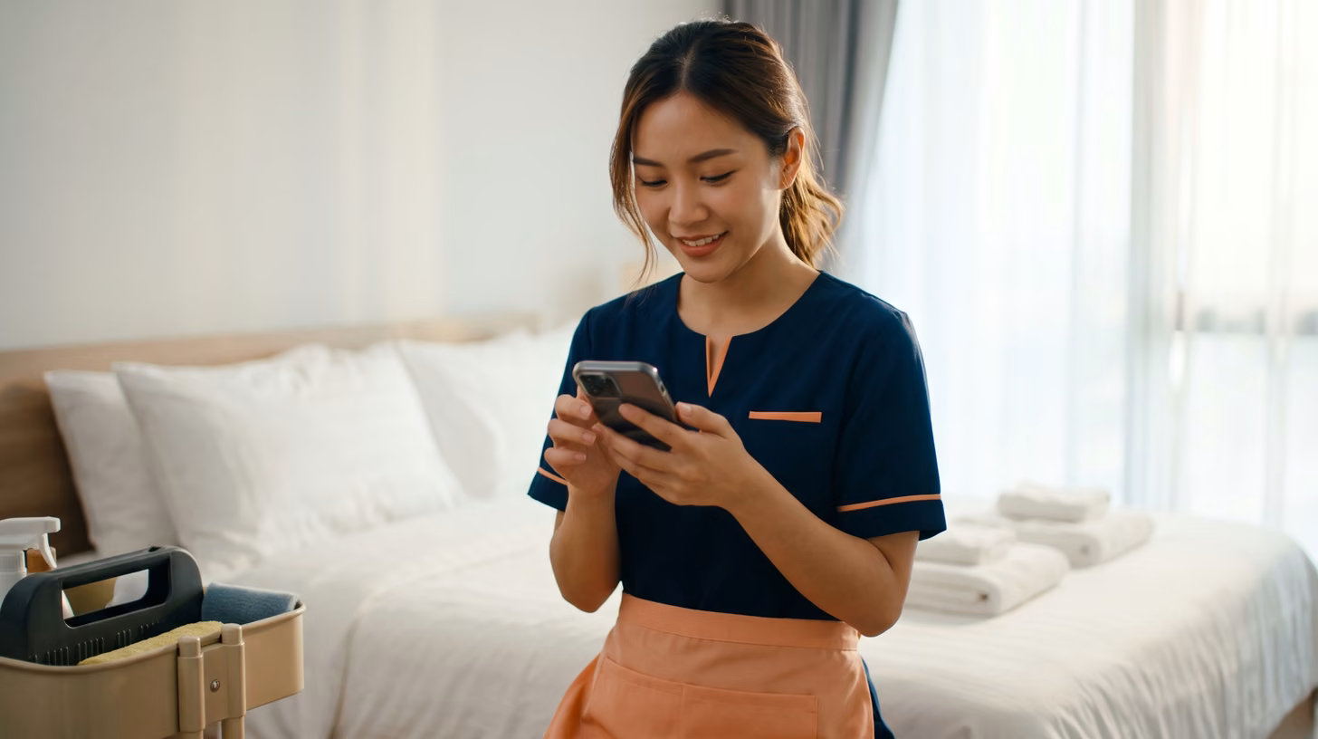 Airbnb cleaning staff checking phone tasks before sending photo proof of a guest-ready room