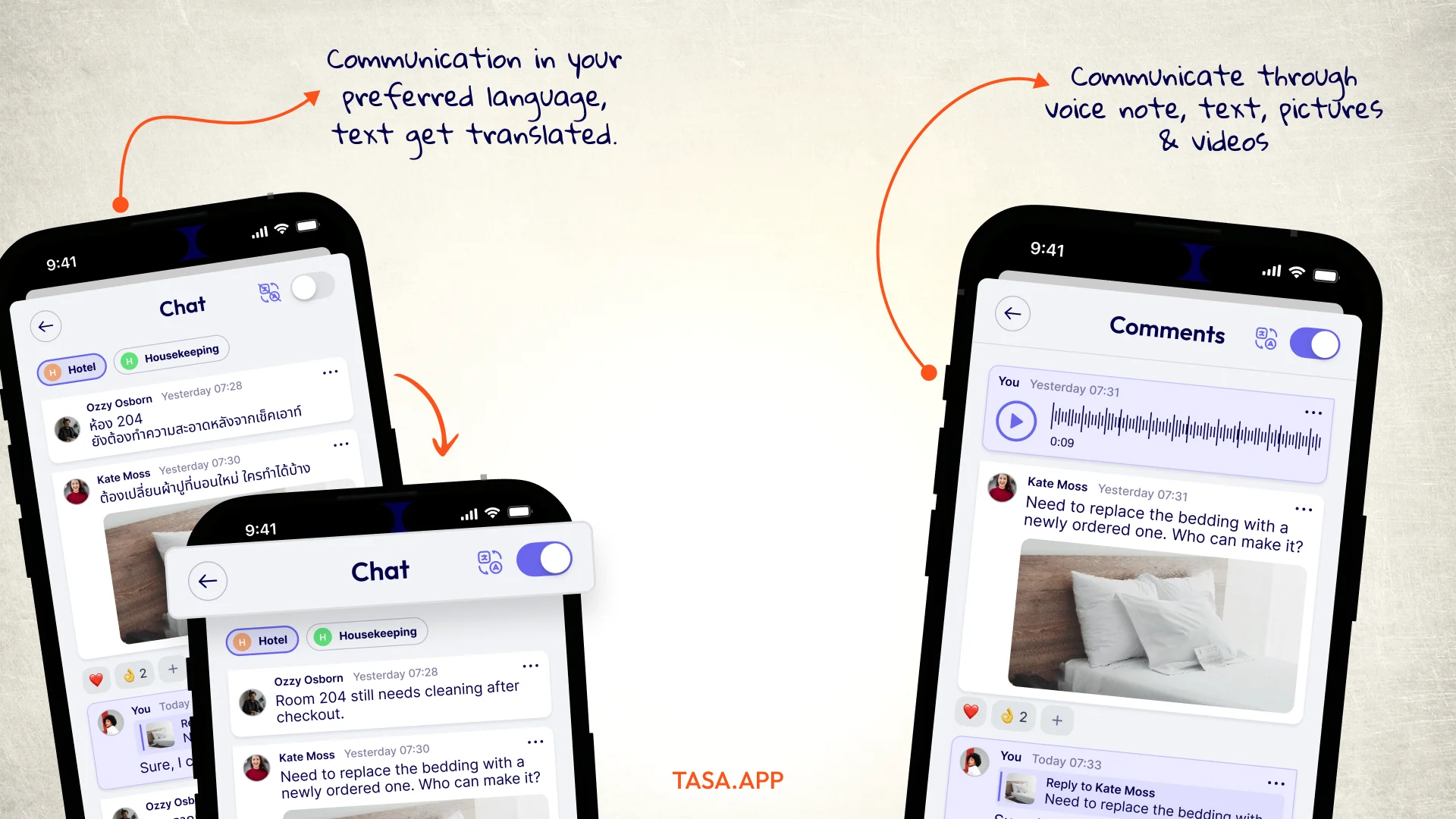 Tasa communication interface, real-time translation, voice note, picture, video, and text